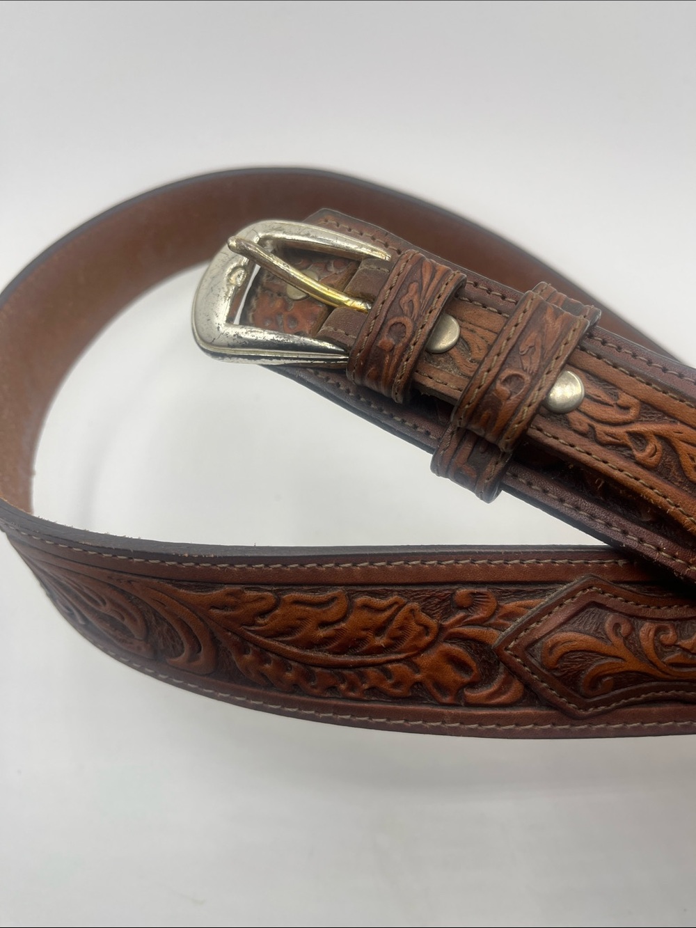 Tooled Brown Leather Western Belt with Silver Buckle